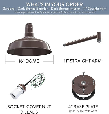 Steel Lighting Co. Gardena Barn Light | Outdoor Wall Mounted | 16" Dome | 11" Straight Arm | Farmhouse Light Made in America | Dark Bronze Exterior/Dark Bronze Interior
