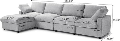 WJShome L Shaped Sectional Couch 134 Inch 4-Seater Modern Modular Sofa with Ottoman,Chenille Deep Seat Couches for Living Room, Bedroom and Apartment，Gray