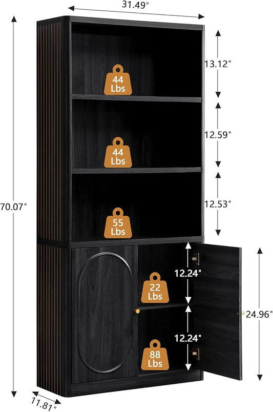 70.8" Tall Fluted Bookshelf with Storage Cabinet, Modern 5-Tier Wood Bookcase with Open Display Storage Shelf, Gold Handles for Office Living Room (Black)