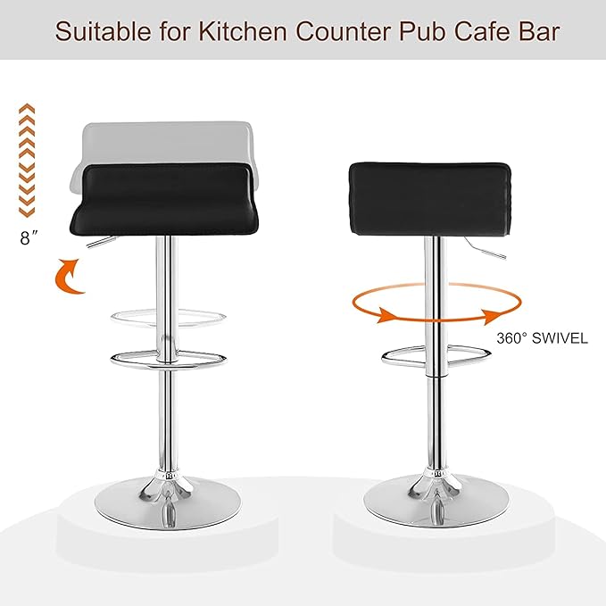 VECELO Bar Stools Set of 2, Counter Bar Stools with Swivel Bar and Adjustable Height, Modern PVC Barstools Bar Chairs for Kitchen/Bar/Dining Room/Living Room/Party, Black
