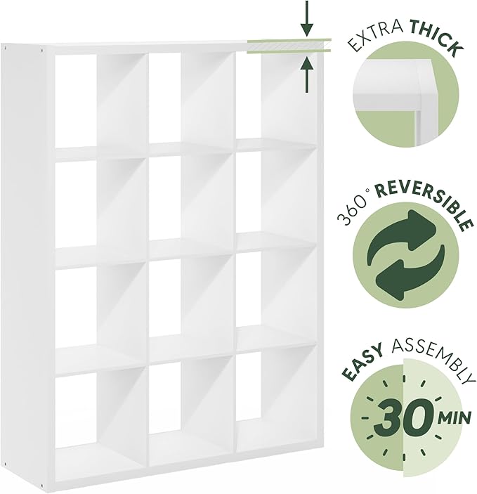 Furinno Cubicle Book Shelf, 12-Cube Thick Frame Bookshelf, Reversible Bookcase with Open Back, 14.6 x 43.8 x 58, for Living Room, Bedroom, Home Office, White