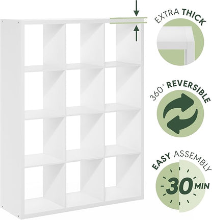 Furinno Cubicle Book Shelf, 12-Cube Thick Frame Bookshelf, Reversible Bookcase with Open Back, 14.6 x 43.8 x 58, for Living Room, Bedroom, Home Office, White