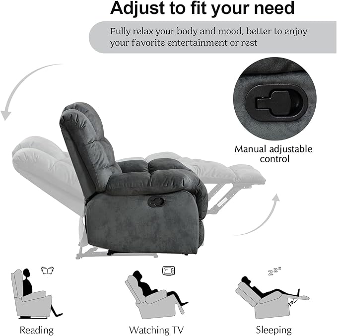 CANMOV Manual Recliner Sofa Set,2 Pieces Sofa Furniture Set for Living Room, Manual Reclining Loveseat and Recliner Sofa with Overstuffed Arms for Living Room, Bedroom, Grey(2+3)