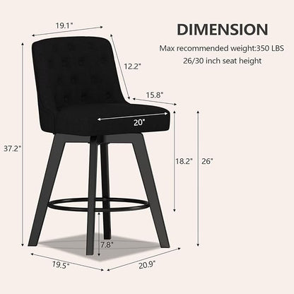 MINCETA Bar Stools Set of 2, 26 Inch Upholstered Barstools with Low Tufted Back and Footrest, Swivel Counter Height Barstools for Kitchen Island Home Bar Performance Fabric Black