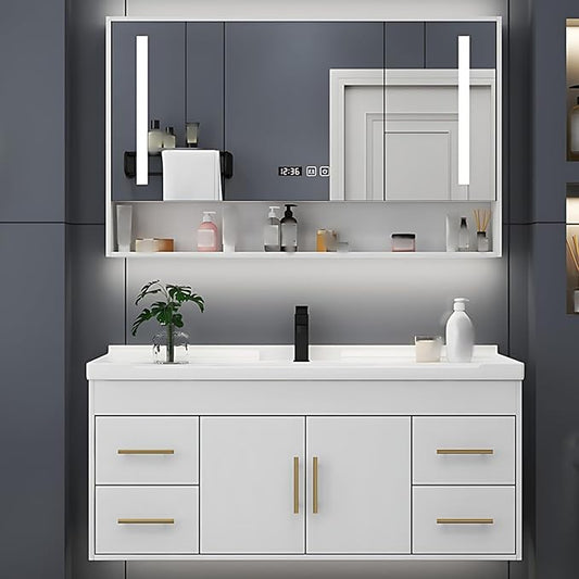 56IN Modern Bathroom Vanity - LED Intelligent Mirror Cabinet Includes Time Display & Defogging | Bathroom Cabinet with Sink & Open Storage Compartments, Ceramic Washbasin, 4 Drawers (Style A)