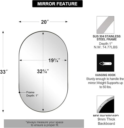 ANDY STAR Chrome Oval Mirror for Bathroom, 20x33 Inch Pill-Shaped Chrome Mirrors for Wall in Thin Frame Deep 1’’ Ideal for Limited Space