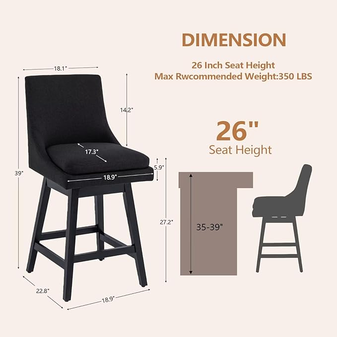 Bar Stools Set of 2, 26 Inch Upholstered Barstools with 14.2" High Back and Footrest, Swivel Counter Height Barstools for Kitchen Island Home Bar Performance Fabric Black