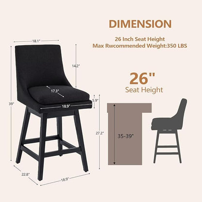 Bar Stools Set of 4, 26 Inch Upholstered Barstools with 14.2" High Back and Footrest, Swivel Counter Height Barstools for Kitchen Island Home Bar Performance Fabric Black