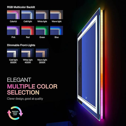 55x30 Inch RGB LED Mirror for Bathroom, RGB Backlit and Front Lighted Bathroom Mirror, Large Dimmable Vanity Mirror with Lights,Anti-Fog, Memory,ETL Listed, Wall Mounted