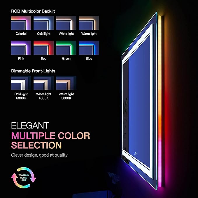 48 x 36 Inch RGB LED Mirror for Bathroom, RGB Backlit and Front Lighted Bathroom Mirror, Large Dimmable Vanity Mirror with Lights,Anti-Fog, Memory,ETL Listed, Wall Mounted