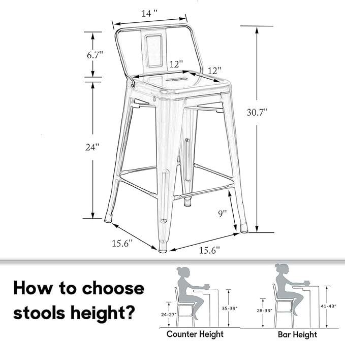 HAOBO Home 24" Low Back Metal Counter Stool Height Bar Stools [Set of 4] Barstools, Bronze