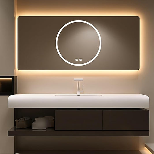 60IN Bathroom Vanity with Sink - Bathroom Cabinet Set has 2 Drawers & Overflow Hole Wall Mounted | LED Practical Defogging Mirror, Open Compartments, Seamless Rock Slab Basin (Coffee)