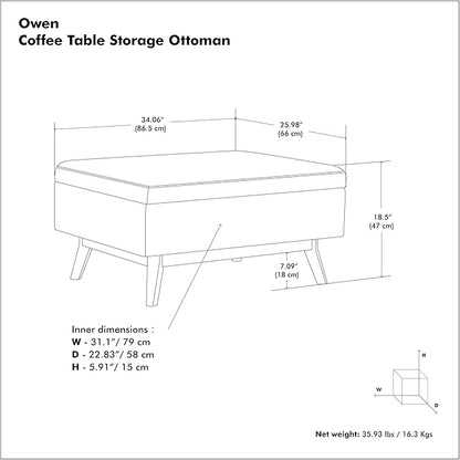 SIMPLIHOME Owen 34 inch Wide Mid Century Modern Rectangle Coffee Table Storage Ottoman in Slate Grey Linen Look Fabric, Assembled, For the Living Room, Entryway and Family Room