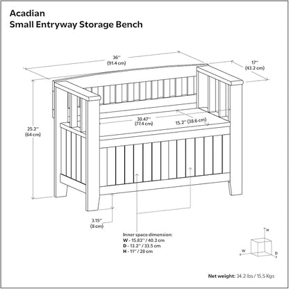 SIMPLIHOME Acadian Entryway Storage Bench - 36 inch Wide Solid Wood Small Hallway Seat in White, Transitional Bench for Mudroom or Entryway with Lift-Up Lid, 2 Compartments and Slatted Backrest