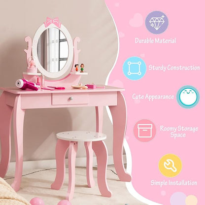 KOTEK Pink Kids Vanity Set, 2-in-1 Makeup Vanity Desk with Detachable Top & 360° Rotating Mirror, Stool and Drawer, Bow Pattern for Little Girls, Princess Dressing Table for Toddler 3-7