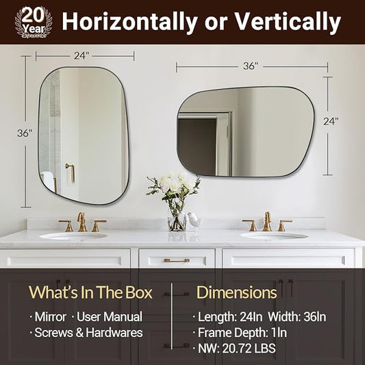 ANDY STAR 24"x36" Black Bathroom Mirror, Irregular Wall Mirror in Stainless Steel Metal Frame, Modern Matte Black Finish with Curved Edge Design, Wall-Mount Vertically or Horizontally