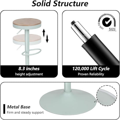 Kidol & Shellder Bar Stools Set of 2 Round Adjustable Swivel Barstools Modern Backless Bar Chairs Wooden Seat Counter Height Stools Armless for Kitchen Island, Cafe, Dining Room (Mint Green)
