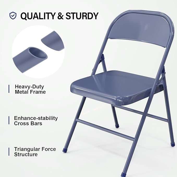 VINGLI Folding Chairs All Steel Metal Frame, Capacity 350 lbs, Durable Portable and Versatile for Indoor Outdoor Use, Darkblue, Set of 4