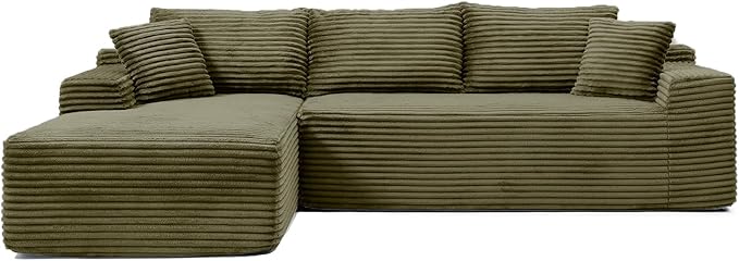 95 Inch Cloud Sectional Couch,Modular Sectional Sofa with Deep Seat,Modern Corduroy Boneless Couches with L-Shape Chaise for Living Room Bedroom,No Assembly Required (Green, Left Facing Chaise)