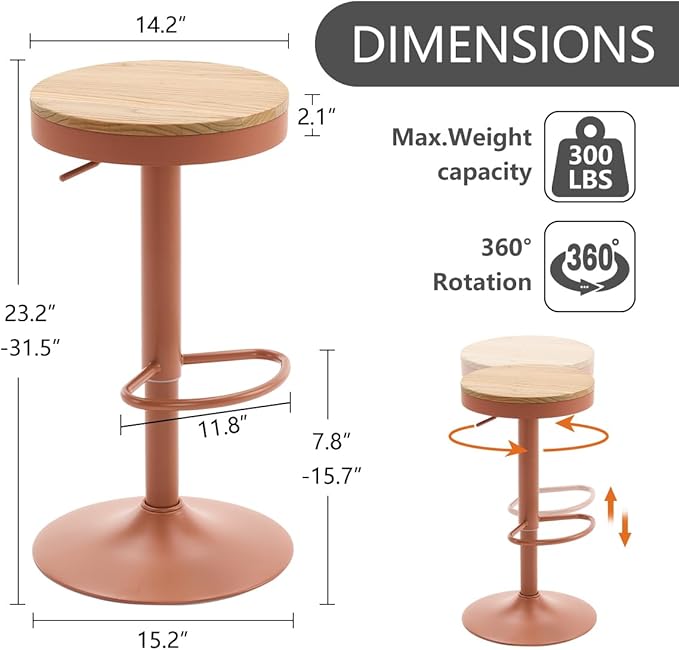 Kidol & Shellder Bar Stools Set of 2 Round Adjustable Swivel Barstools Modern Backless Bar Chairs Wooden Seat Counter Height Stools Armless for Kitchen Island, Cafe, Dining Room Terracotta
