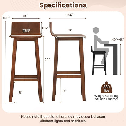 COSTWAY Solid Wood Bar Stools Set of 4, 29-inch Counter Height Chairs with Low Back and Footrest, Farmhouse Wooden Armless Barstools for Kitchen Island, Dining Room, Cafe, Breakfast, Brown