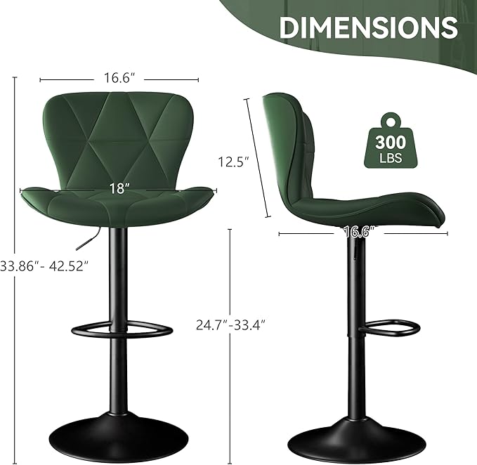 Bar Stools Set of 1,Adjustable Swivel Barstools, Faux Leather Bar Chairs,Upholstered Counter Height with High Backrest for Kitchen Island, Green