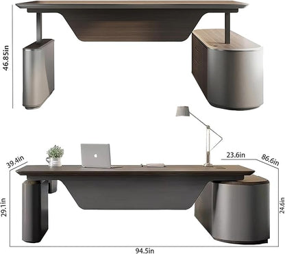 94.5" Reversible L-Shaped Adjustable Height Executive Desk with Oval Storage Cabinet - Black/Brown Standing Desk, Rounded Corners, 3 Drawers & 2 Door Compartments, Flexible Home & Office Workstation