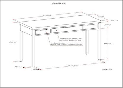 SIMPLIHOME Hollander Desk - 60-Inch Wide Solid Wood Writing Desk in Medium Saddle Brown, Contemporary Home Office Computer Table for Workspace or Study with 2 Drawers and Flip-Down Keyboard Tray