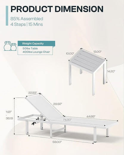 Pool Lounge Chairs, Chaise Lounge Outdoor with Wheels and 5-Position Recliner -Easy to Move- Aluminum Patio Lounge Chair for Poolside, Deck (White)