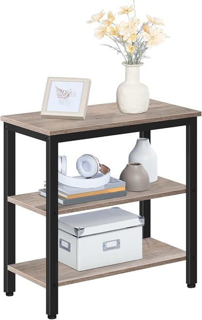 HOOBRO End Table, Simple Rustic Side Table with 3-Tier Storage Shelf, Narrow Nightstand for Small Spaces, Easy Assembly, for Living Room, Bedroom, Metal, Industrial Design, Greige and Black BG14BZ01