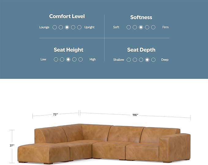 SIMPLIHOME Rex Left Corner Sectional Modular Sofa and Ottoman Set in Full-Grain Genuine Leather, Sienna, 116-inch-wide L-Shaped Leather Sofa and Matching 34-inch-Wide Table Ottoman for Living Room