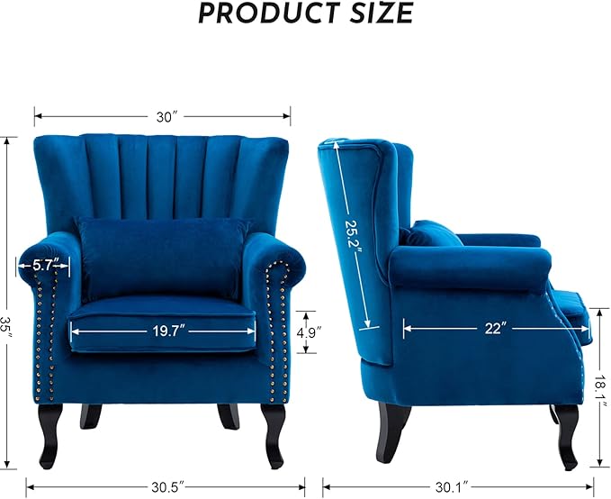 Accent Reading Arm Chairs Set of 2 Midcentury Modern Comfy Corner Sofa Chair, Wingback Waiting Room Club Chair with Tufted Back for Living Room/Bedroom/Reception Room, Velvet Blue
