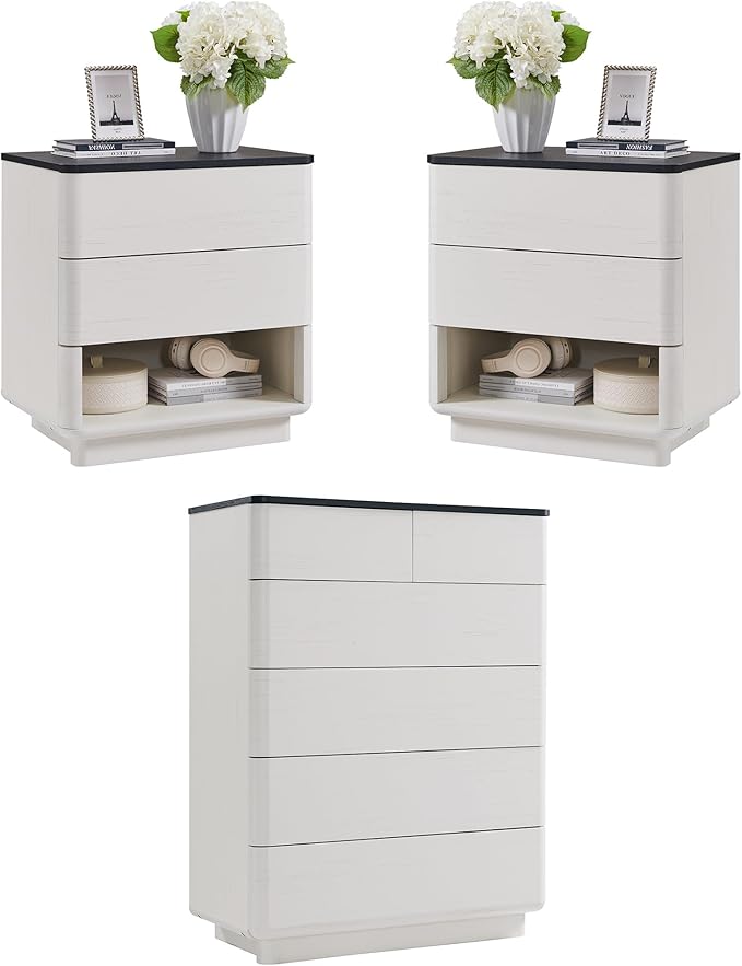ACCOHOHO Modern Bedroom Set, 3 Pieces Bedroom Furniture Set, Wood 6 Drawer Dresser and Nightstands Set of 2, Chest of Drawers Wide Storage Organizer Cabinet for Bedroom, White