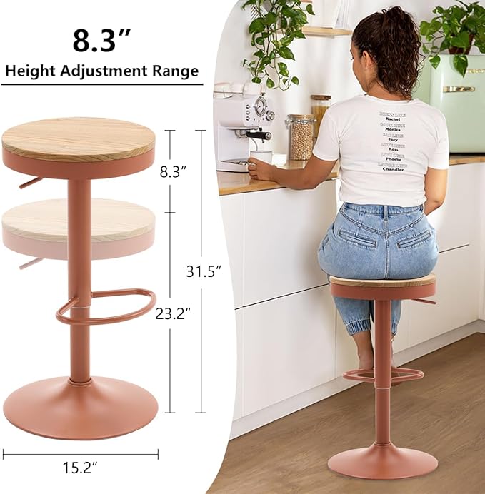 Kidol & Shellder Bar Stools Set of 2 Round Adjustable Swivel Barstools Modern Backless Bar Chairs Wooden Seat Counter Height Stools Armless for Kitchen Island, Cafe, Dining Room Terracotta
