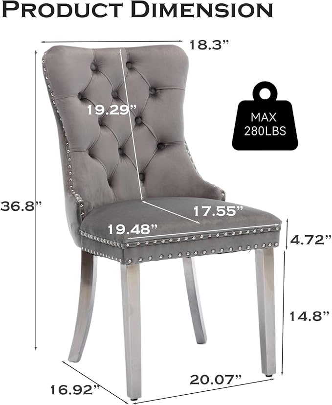 Velvet Upholstered Dining Chairs Set of 4, Modern Style Kitchen Side Chairs with Nailhead Trim and Silver Plated Leg, Metal Pulling Ring for Dining Room Living Room(Gery-Silver Plated Leg)