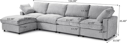 Cloud Couch Modular Sectional Sofa,134" L Shaped Couch, Oversized Convertible Wide Seater,4 Seater with Ottoman for Living Room Set, Covers Washable&Replaceable,Gray