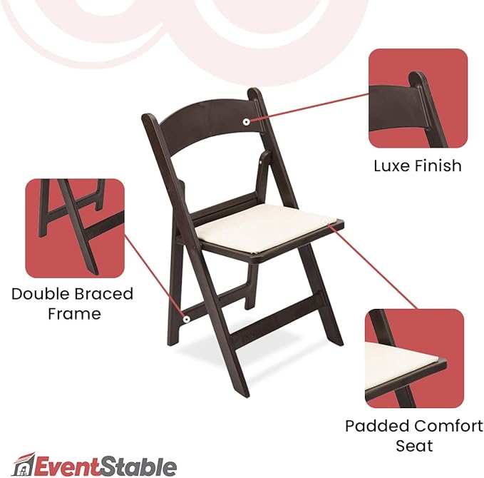 EventStable Titan PRO Resin Folding Chair - Dark Brown Indoor/Outdoor Lightweight Folding Chair - Vinyl Padded Foldable Chair for Weddings Parties Events - 4 Pack