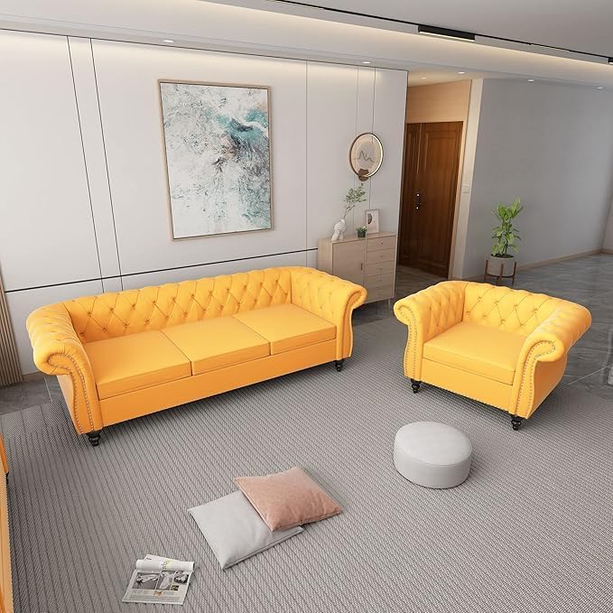 Chesterfield 3 Seater Sofa, Modern Velvet Tufted Couch 3 Seater with Rolled Arms and Nailhead Mid-Century Upholstered Couch for Living Room, Bedroom, Apartment and Office, Yellow