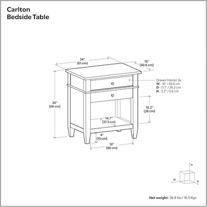SIMPLIHOME Carlton Bedside Table - 24 inch Wide Solid Wood Nightstand Table in Dark Tobacco Brown, Transitional Bedroom Side or End Table with 2 Drawers, Open Storage Shelf and Bronze Hardware