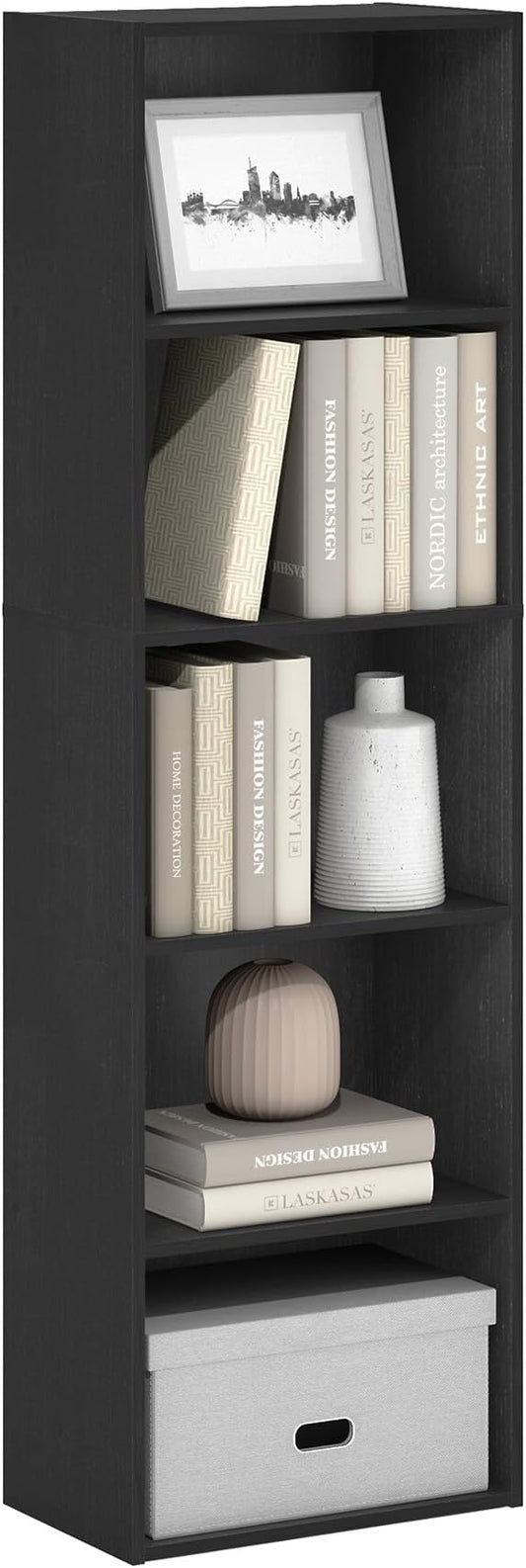 Furinno LUDER Book Shelf, 5-Cube Bookshelf, Bookcase with Open Shelf, 9.4 x 15.8 x 52, for Living Room, Bedroom, Home Office, Blackwood