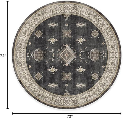 RUGGABLE Washable Vintage Area Rug – Verena Dark Wood 6 ft Round, Stain-Resistant, Non-Slip – Medium Machine Washable Rugs for Living Room, Bedroom, Hallway, Entryway & Office–with Cushioned Pad
