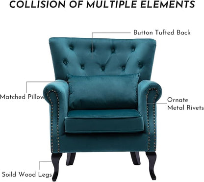 Accent Reading Arm Chairs for Living Room Bedroom, Midcentury Modern Comfy Corner Sofa Chair, Wingback Waiting Room Club Chair with Button Tufted Back &Lumbar Pillow, Velvet Teal
