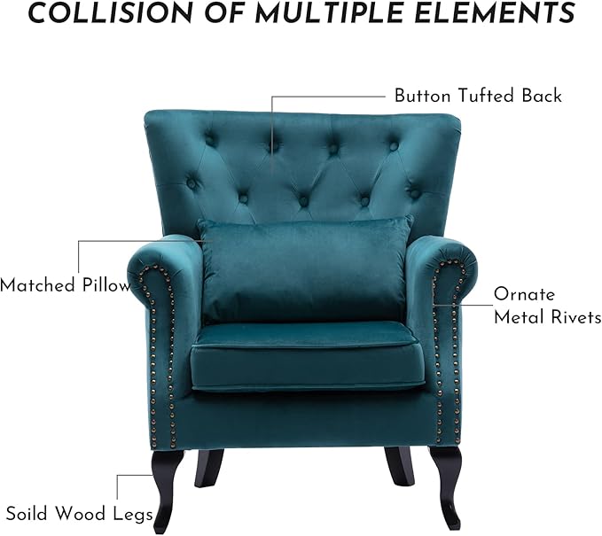 Accent Reading Arm Chairs Set of 2 for Living Room Bedroom, Midcentury Modern Comfy Corner Sofa Chair, Wingback Waiting Room Club Chair with Button Tufted Back &Lumbar Pillow, Velvet Teal