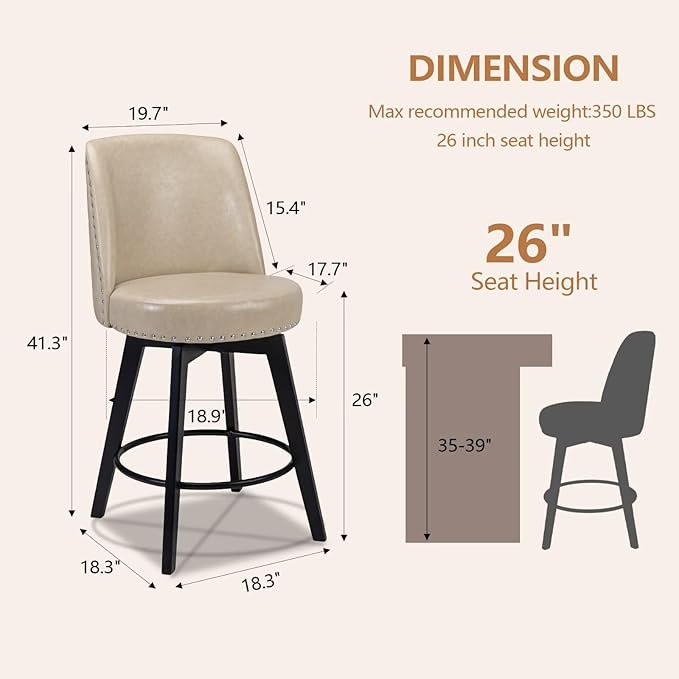 MINCETA Bar Stools Set of 4, PU Leather Barstools, 26 Inch Upholstered Counter Stools with High Back and Footrest, Swivel Counter Height Barstools for Kitchen Island Home Bar Khaki