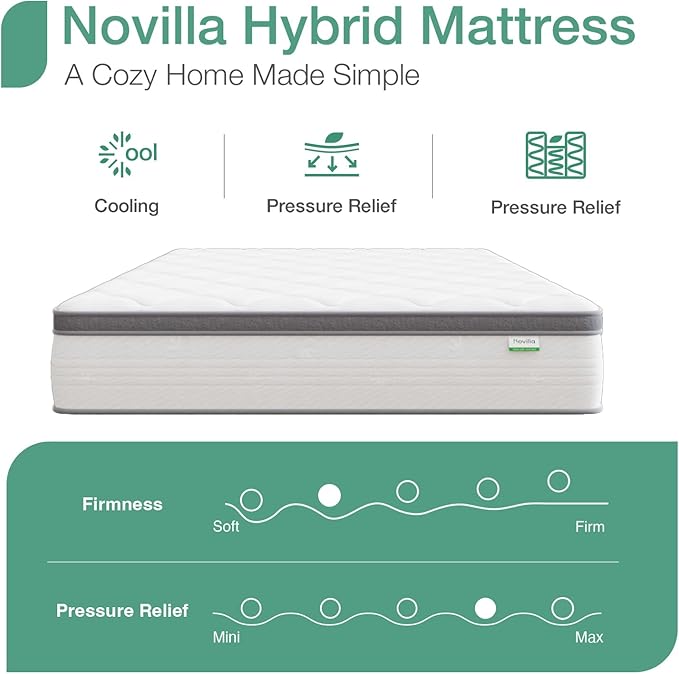 Novilla Queen Mattress, 12 Inch Hybrid Mattress Queen with Comfort Foam,Innerspring Pillow Top Mattresses in a Box, Pressure & Pain Relief, Soft Feel but Supportive