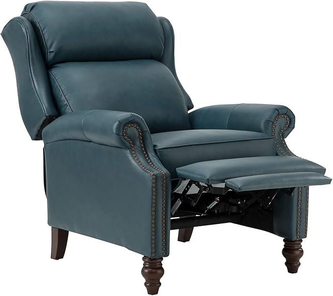 HULALA HOME Genuine Leather Recliner Chair, Traditional Manual Pushback Comfy Seating for Living Room, Thick Cushion & Solid Wood Legs, Wingback Recliner with Nailhead Trim, Turquoise-S2