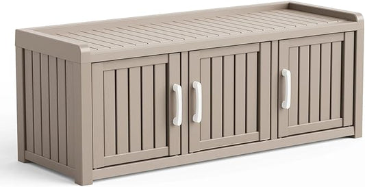 3 Doors Shoe Bench, Waterproof & UV-Resistant, Resin Shoe Cabinet Indoor & Outdoor Use, Entryway Bench with Adjustable Shelves & Hidden Storage Space for Bedroom, Hallway, Grey