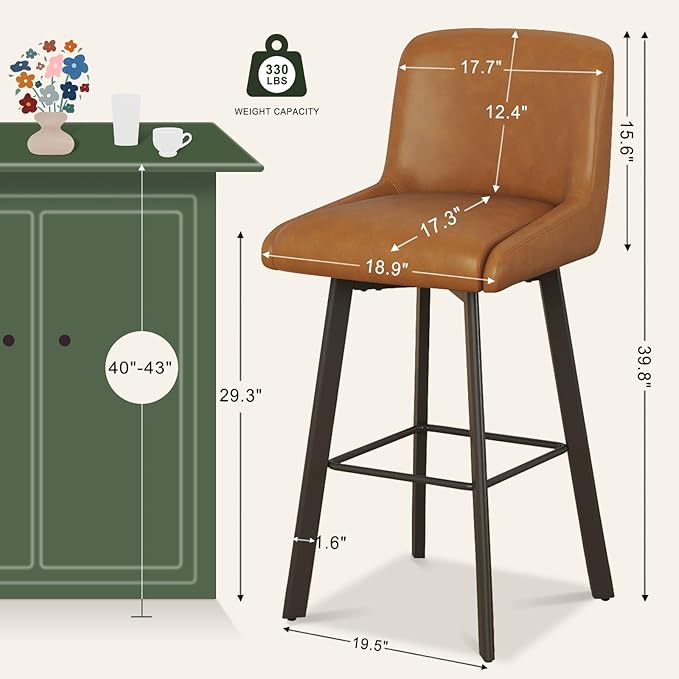 Swivel Counter Height Bar Stools Set of 2, 30''H Upholstered Barstools with Backs, Modern Bar Stool Chairs for Kitchen Island, Metal Legs, Faux Leather, Whiskey Brown Stools Counter Chair