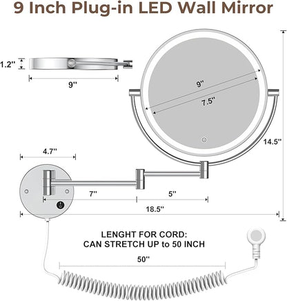 Rocollos 9" Plug-in Wall Mounted Lighted Makeup Mirror 1X/10X Magnification, Super Large Double Sided LED Vanity Mirror for Bathroom, 3 Color Dimmable 360°Swivel Extendable Shaving Cosmetic Mirror