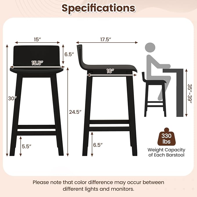 COSTWAY Solid Wood Bar Stools Set of 2, 24.5-inch Counter Height Chairs with Low Back and Footrest, Farmhouse Wooden Armless barstools for Kitchen Island, Dining Room, Cafe, Breakfast, Black